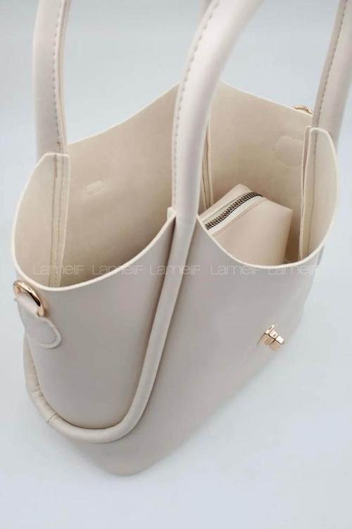 Lamelif Kilit Detaylı Kanguru El Ve Omuz Çantası Yavru Çantalı Kadın Krem