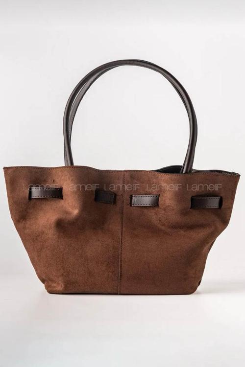 Lamelif Süet Kadın Büzgü Detay Klipsli Süet El Ve Omuz Çantası Acı Kahve