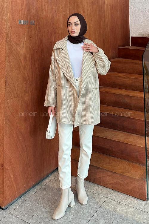 Lamelif Zikzak Desen Balık Sırtı Kaban Taş Rengi