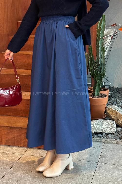 Lamelif Cep Detaylı Kloş Keten Etek Koyu Mavi