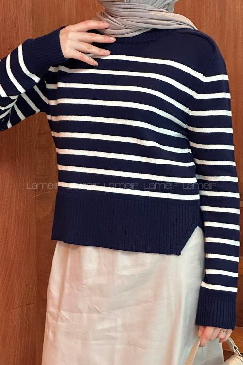 Lamelif Çizgili Kazak Lacivert