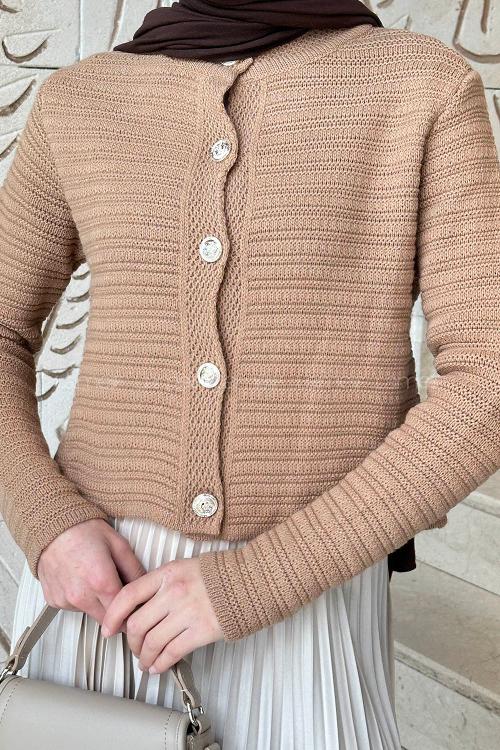 Lamelif Links Desenli Crop Hırka Camel