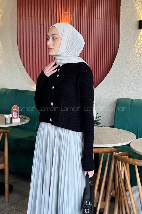 Lamelif Links Desenli Crop Hırka Siyah