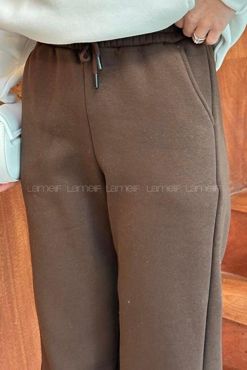 Lamelif Üç İplik Şardonlu Jogger Modelli Eşofman Altı Acı Kahve