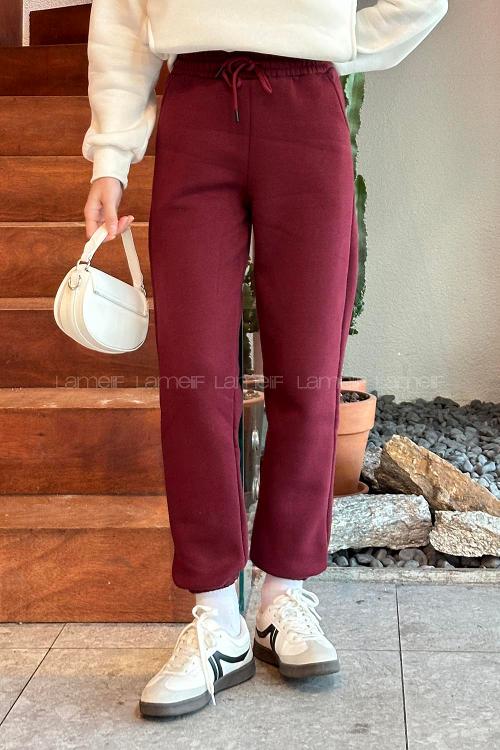 Lamelif Üç İplik Şardonlu Jogger Modelli Eşofman Altı Bordo