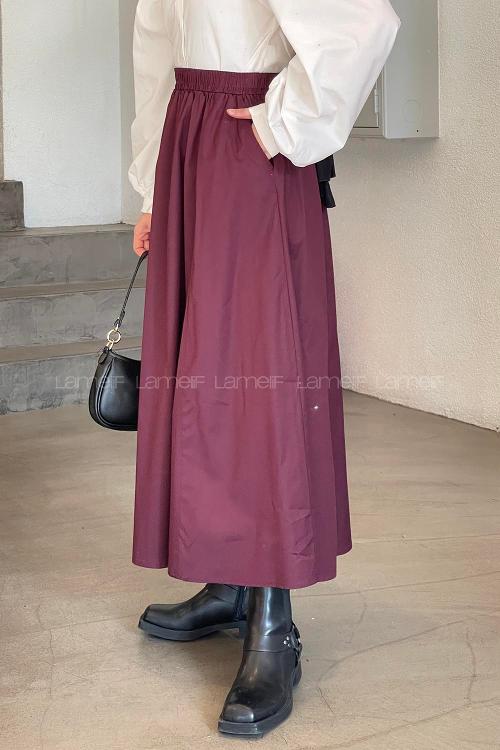 Lamelif Cep Detaylı Kloş Etek Mürdüm