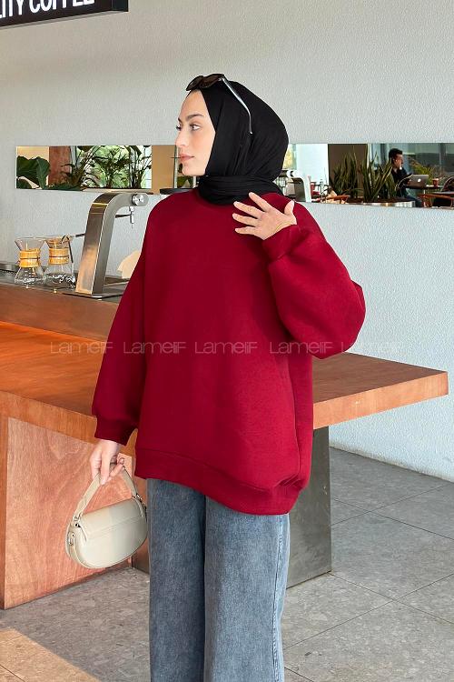Lamelif Jasmin Bisiklet Yaka Oversize Sweat Bordo
