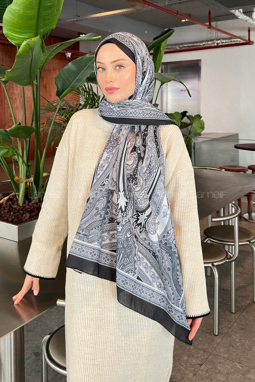 Lamelif Retro Desen Pamuk Şal Siyah beyaz