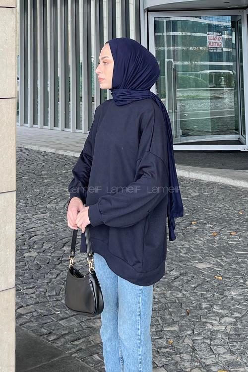 Lamelif Balon Kol Yaka Ve Etek Ucu Manşetli Bol Sweat Lacivert