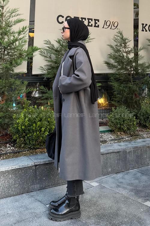 Lamelif Tek Düğmeli Kaşe Kaban Füme