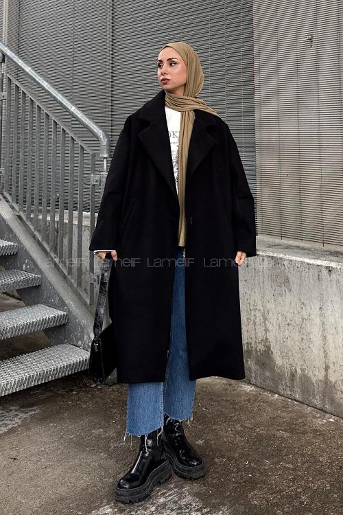 Lamelif Tek Düğmeli Kaşe Kaban Siyah