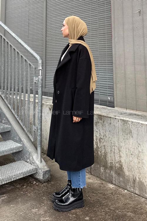 Lamelif Tek Düğmeli Kaşe Kaban Siyah