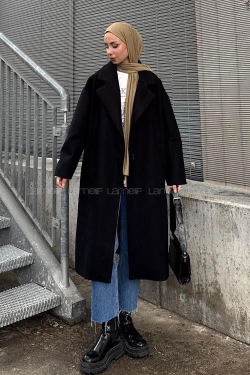 Lamelif Tek Düğmeli Kaşe Kaban Siyah