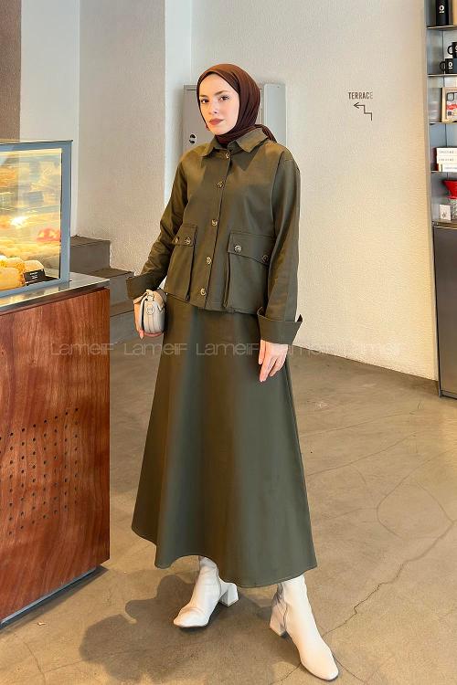 Lamelif Cep Detaylı İkili Etek  Tesettür Takım Koyu Yeşil
