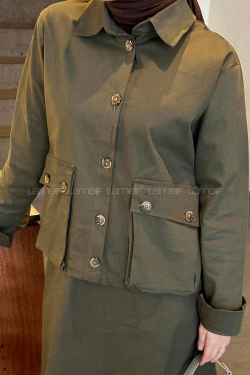 Lamelif Cep Detaylı İkili Etek  Tesettür Takım Koyu Yeşil