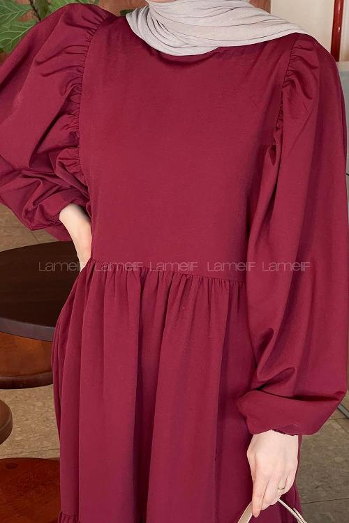 Lamelif Balon Kol Katlı Tesettür Elbise Bordo