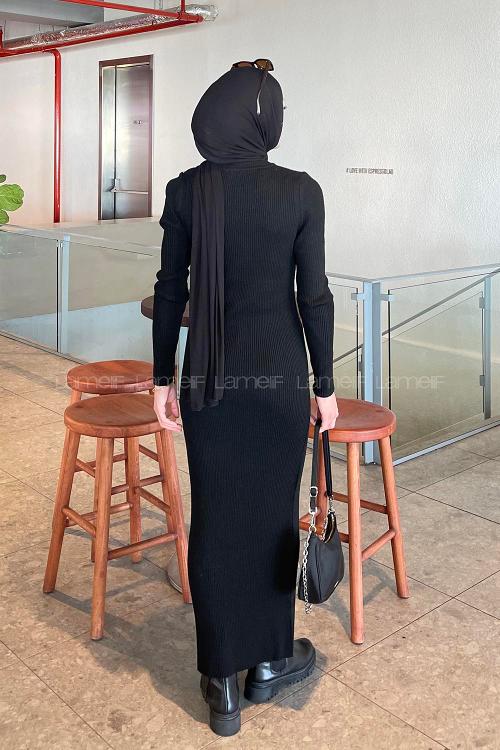Lamelif Bisiklet Yaka Triko Tesettür Elbise Siyah