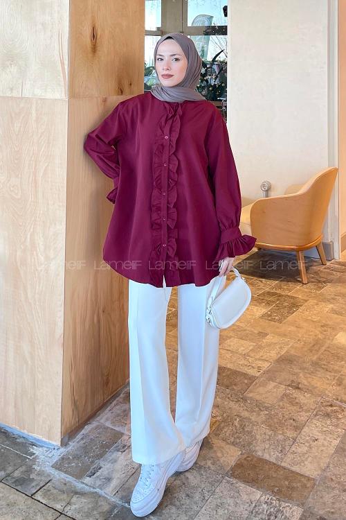 Lamelif Flores Fırfırlı Tunik Bordo