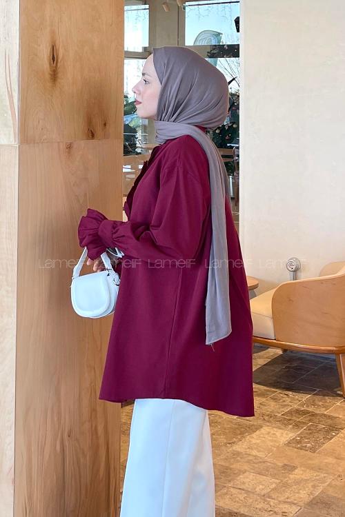 Lamelif Flores Fırfırlı Tunik Bordo