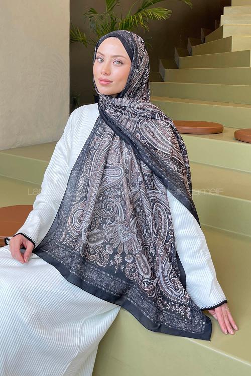 Lamelif Retro Desen Soft Şal Siyah Sütlü Kahve