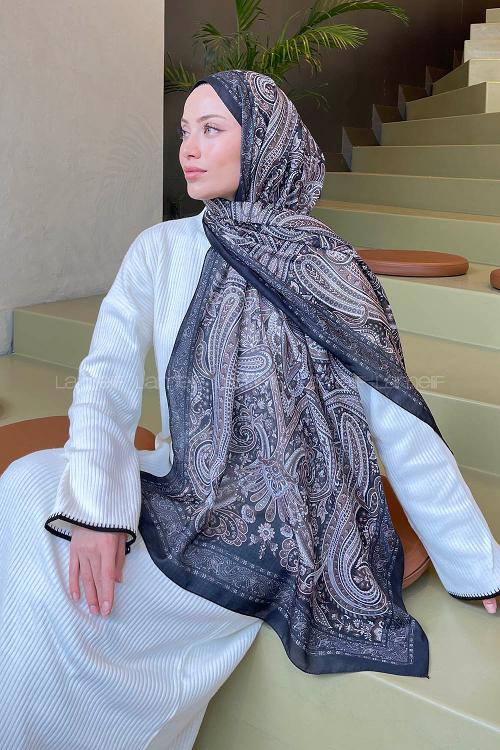 Lamelif Retro Desen Soft Şal Siyah Sütlü Kahve