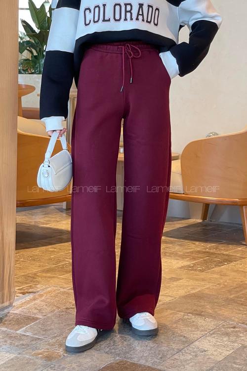 Lamelif Üç İplik Salaş Model Eşofman Altı Bordo