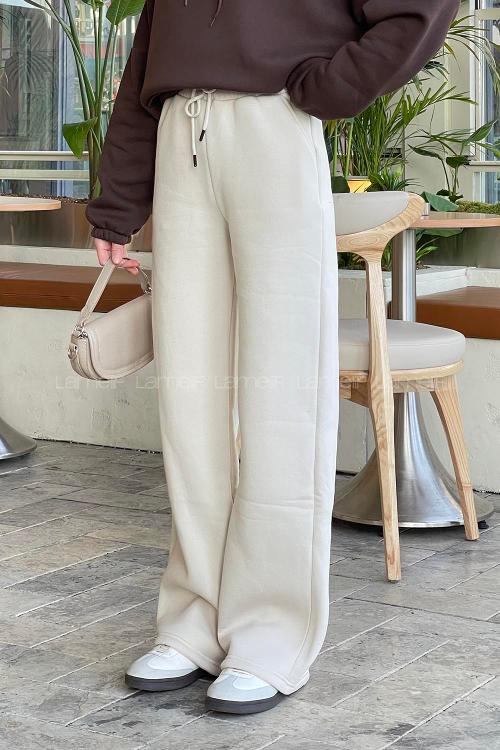 Lamelif Üç İplik Salaş Model Eşofman Altı Krem