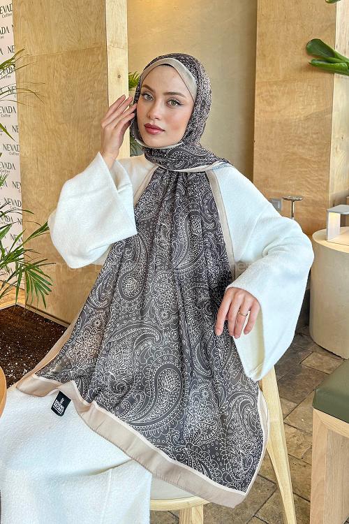 Lamelif Retro Desen Pamuk Şal Bitter  Kahve Bej