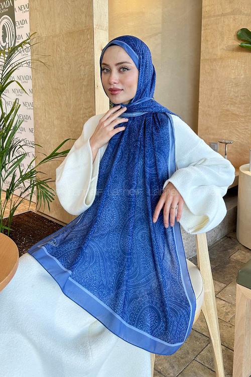 Lamelif Retro Desen Pamuk Şal İndigo