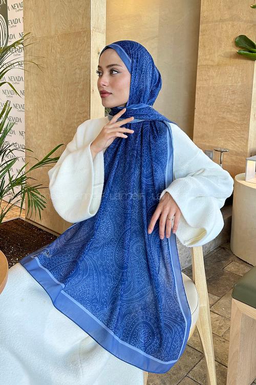 Lamelif Retro Desen Pamuk Şal İndigo