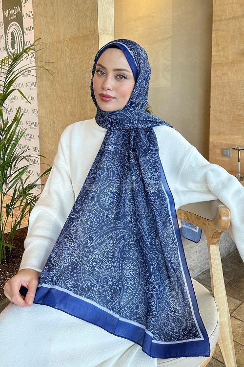 Lamelif Retro Desen Pamuk Şal Lacivert