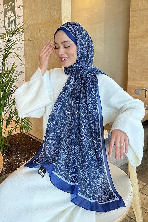 Lamelif Retro Desen Pamuk Şal Lacivert