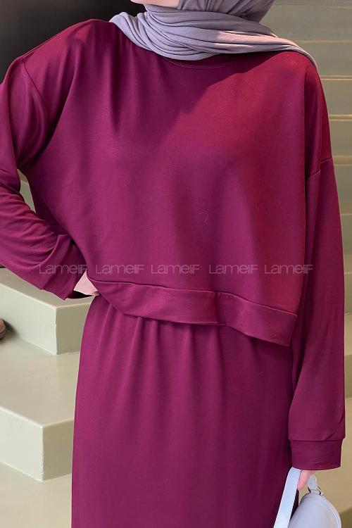 Lamelif Kısa Sweat Etekli Tesettür Takım Bordo