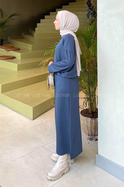 Lamelif Kısa Sweat Etekli Tesettür Takım Füme