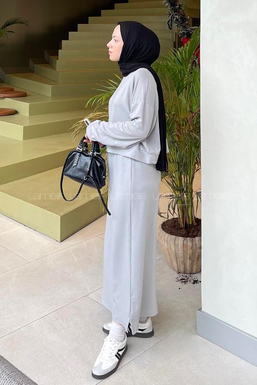 Lamelif Kısa Sweat Etekli Tesettür Takım Gri