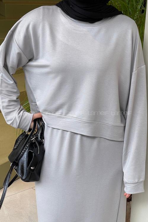 Lamelif Kısa Sweat Etekli Tesettür Takım Gri