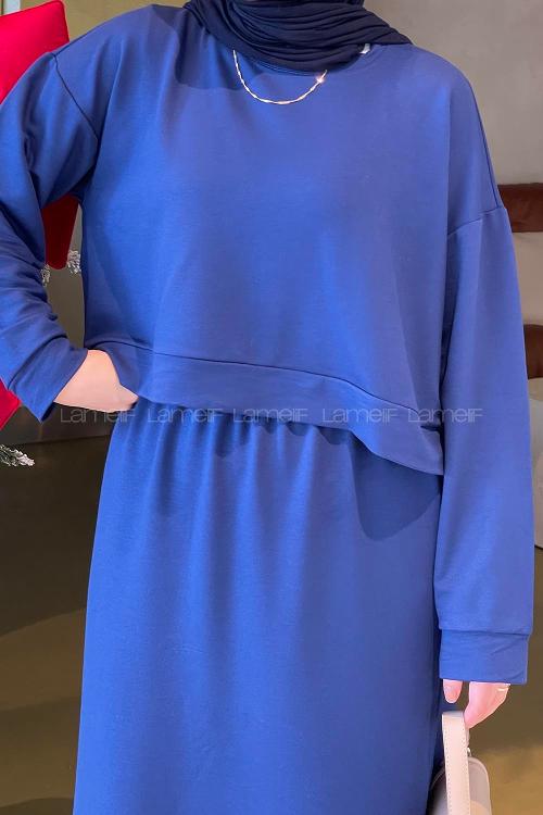 Lamelif Kısa Sweat Etekli Tesettür Takım Lacivert