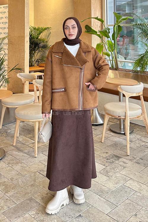 Lamelif Fermuarlı İçi Peluş Detaylı Süet Mont Taba