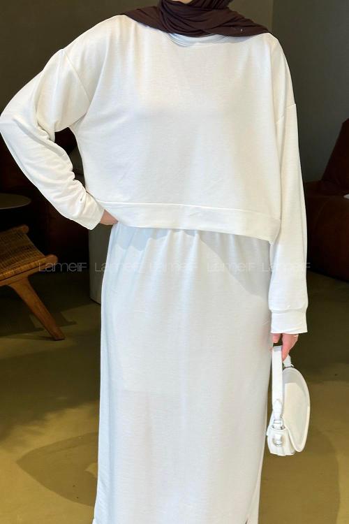 Lamelif Kısa Sweat Etekli Tesettür Takım Beyaz