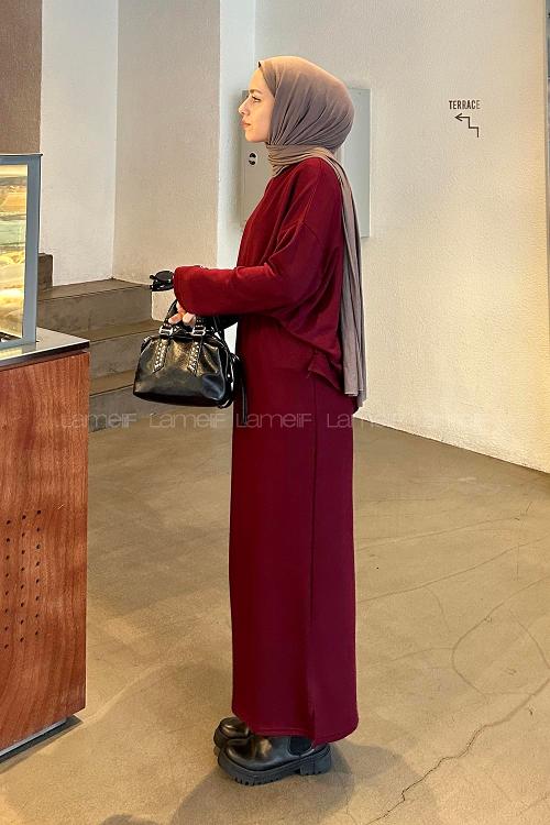 Lamelif Kristal Etekli Tesettür Takım Bordo