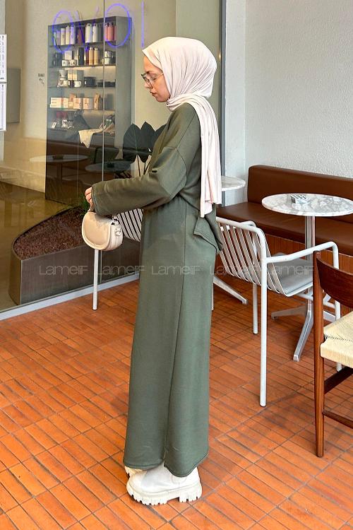 Lamelif Kristal Etekli Tesettür Takım Koyu Yeşil