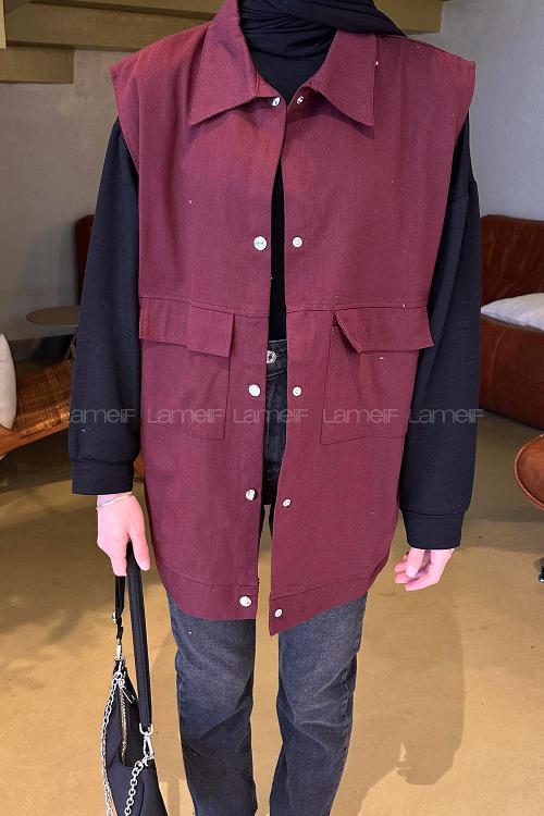 Lamelif Önü Çıtçıt Düğmeli Yelek Bordo