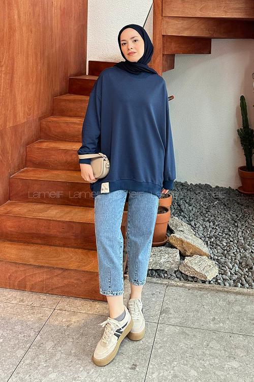 Lamelif Etiket Detaylı Oversize Sweatshirt Lacivert