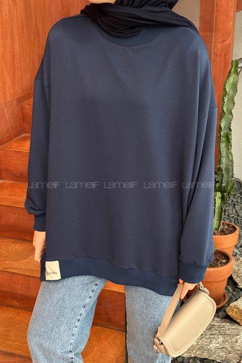 Lamelif Etiket Detaylı Oversize Sweatshirt Lacivert