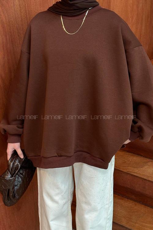 Lamelif Oversize Sweatshirt Acı Kahve