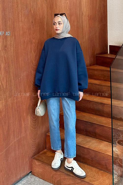 Lamelif Oversize Sweatshirt Mavi