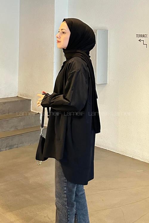 Lamelif Manşeti Biyeli Tunik Siyah