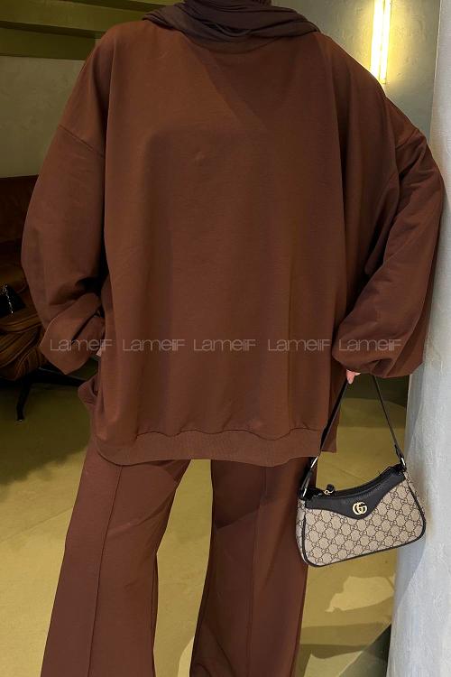 Lamelif Oversize Sweatshirt İkili Tesettür Takım Acı Kahve