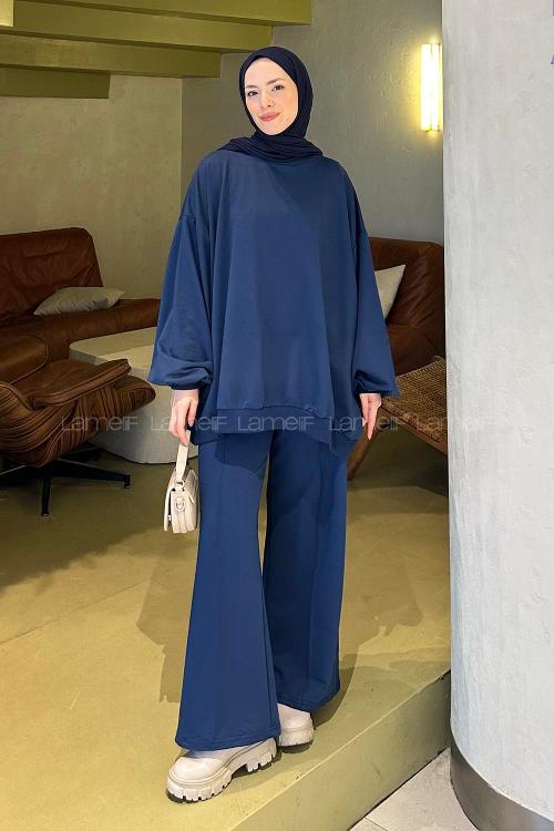 Lamelif Oversize Sweatshirt İkili Tesettür Takım Lacivert
