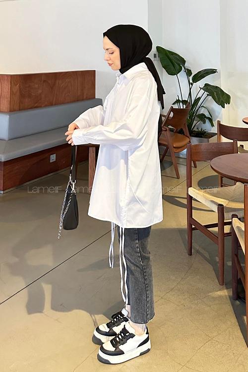 Lamelif Yanları İp Büzgülü Oversize Gömlek Beyaz